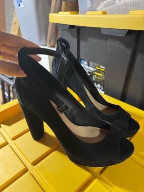 Black Suede Peep-Toe Slingback Heels